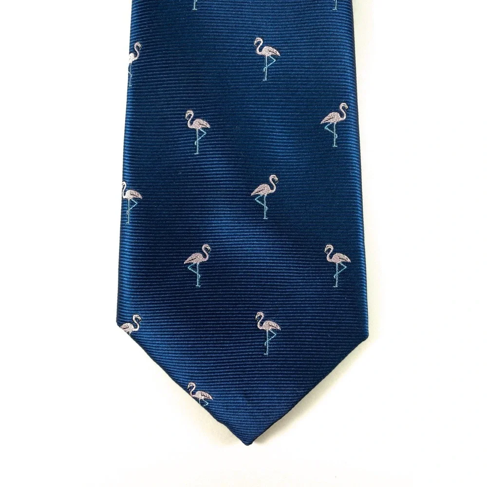 Banana Republic Silk Tie, Navy Repp Tie Embroidered Pink Flamingos, Modern 3x59
